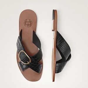 Massino Dutti Chappals Black Croc Vegan Leather Criss Cross Slip On Flat Sandals